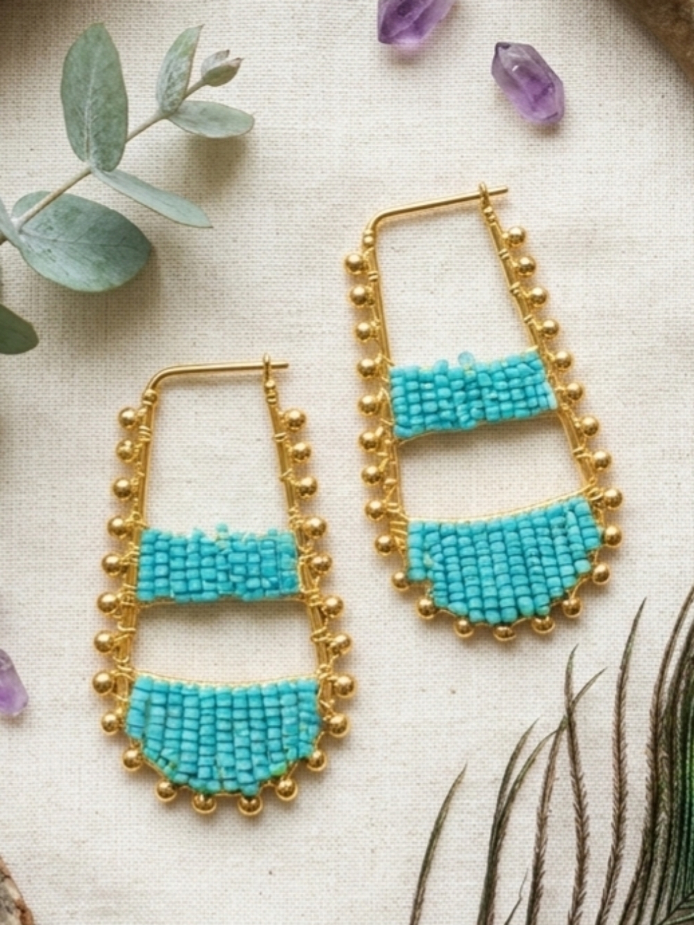 Aqua Turquoise Seed Bead Statement Hoop Earrings Boho Artisan Gold Woven 2"
